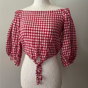 Forever 21 Red Checkered Off-Shoulder Blouse